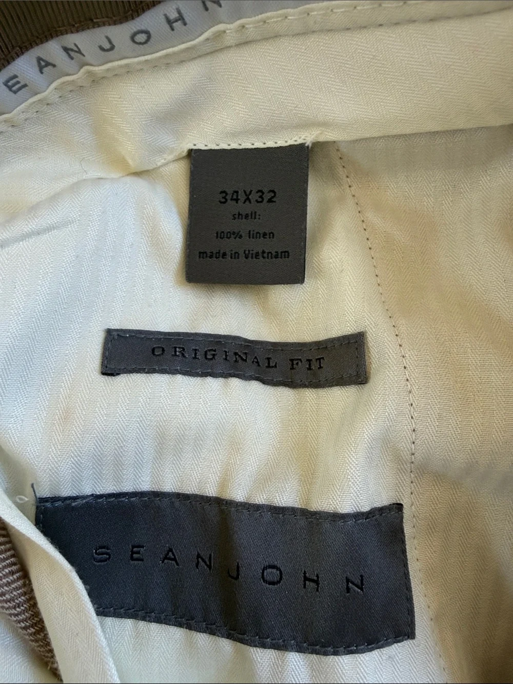Sean John 100% Linen Pleated Dress Pants 34x32 Original Fit Tan Wide Leg